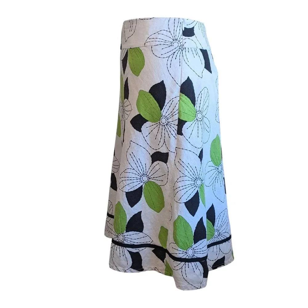 CATO Linen Skirt White Green Black Fit Flare Flower 12